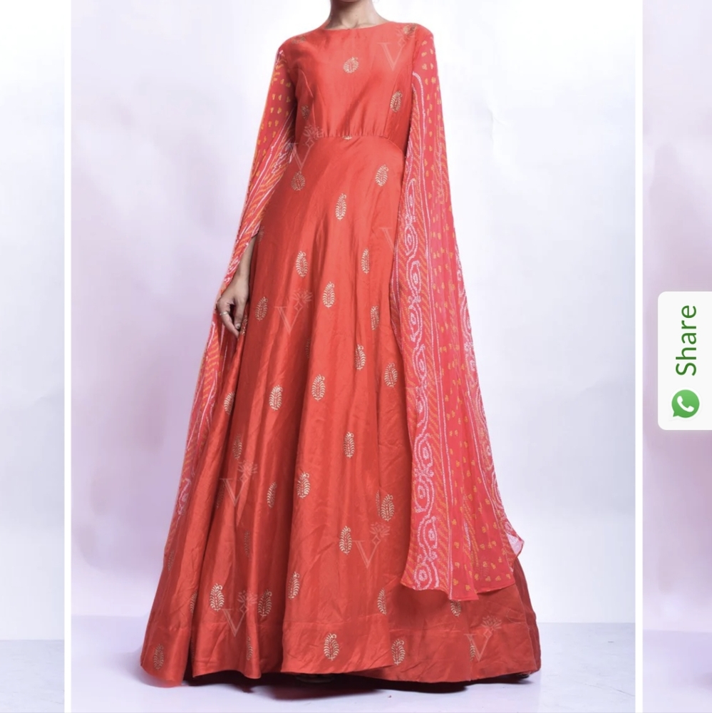New SCARLET RED CHANDERI FOIL ANARKALI GOWN